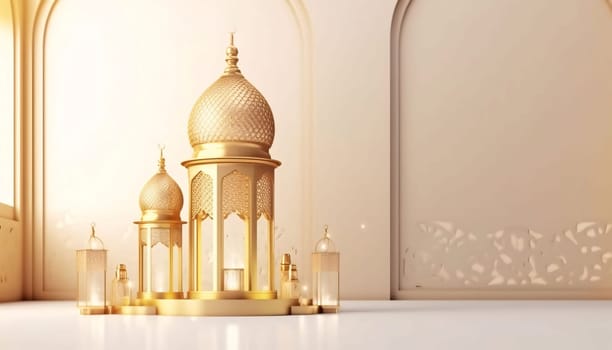 Banner: 3d rendering of Ramadan Kareem background with mosque and lanterns