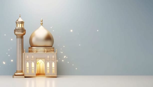 Banner: 3D illustration of Eid Mubarak background with mosque and golden lanterns