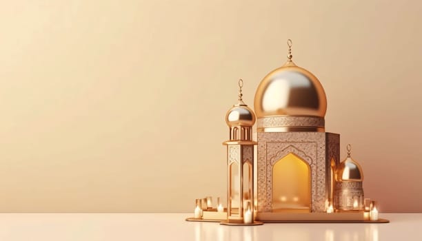 Banner: 3d rendering of mosque with golden dome and lanterns on table