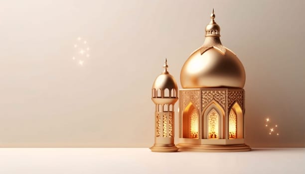 Banner: 3d illustration of beautiful Ramadan Kareem greeting card with golden lantern on white background