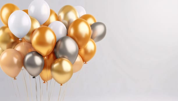 Banner: 3d render of golden, silver and bronze balloons on white background
