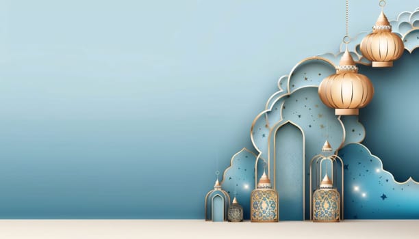 Banner: Ramadan Kareem background with arabic lanterns and mosque