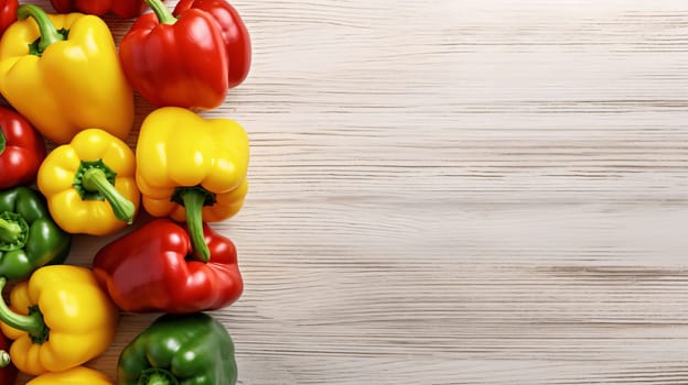 Banner: Fresh bell peppers on wooden background, top view. Space for text