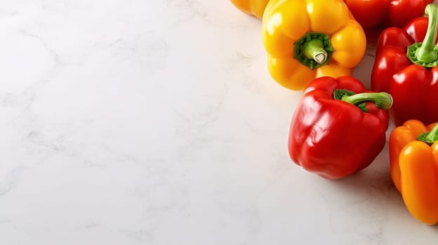 Banner: Red, orange and yellow bell peppers on white marble background with copy space
