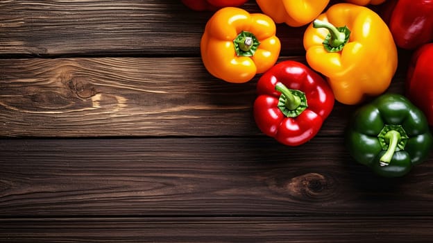 Banner: Colorful peppers on wooden background. Top view with copy space.
