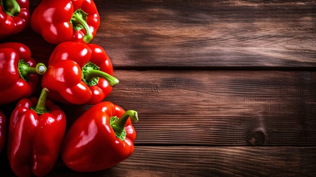 Banner: Red bell peppers on wooden background. Top view. Copy space.