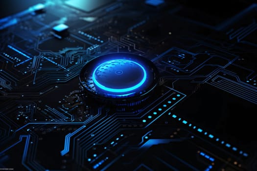 Banner: Circuit board with blue light. Technology concept. 3D Rendering