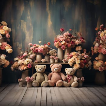 Banner: Bouquet of flowers and teddy bears in front of a wooden wall