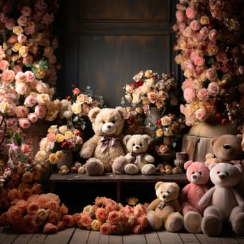 Banner: Teddy bear in a room decorated with roses. Toned.