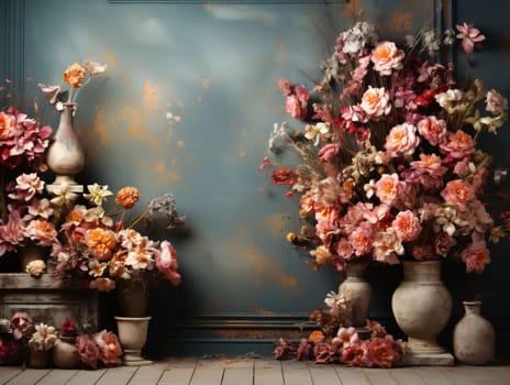 Banner: Vintage interior with flowers in vases. Photo in old color image style