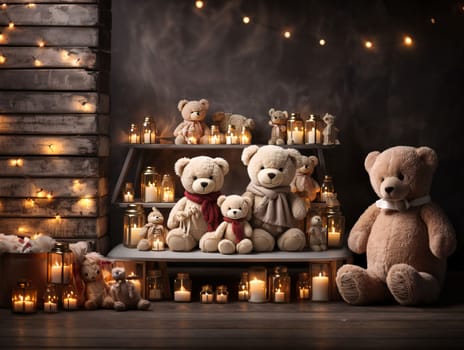 Banner: Cute teddy bears and candles on wooden background. Christmas concept