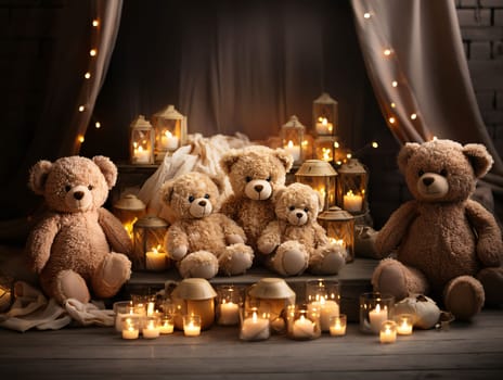 Banner: Cute teddy bears in room with candles and garland lights