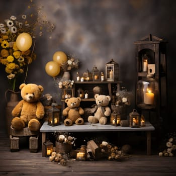 Banner: Still life with teddy bears, candles and flowers on wooden background