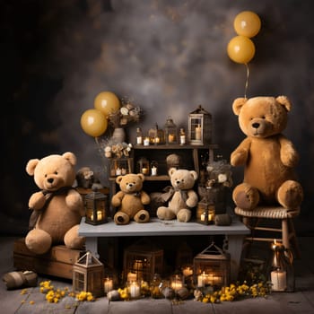 Banner: Teddy bears in the interior of the house. 3d rendering