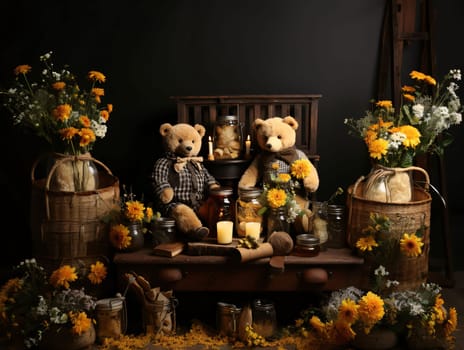 Banner: Still life with teddy bears, candles and flowers on dark background