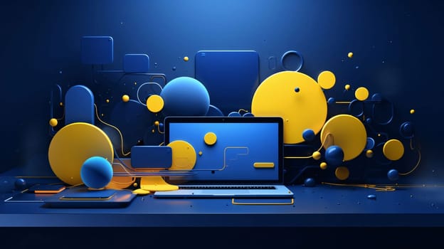 Banner: 3d rendering of Laptop computer and abstract geometric shapes in blue background