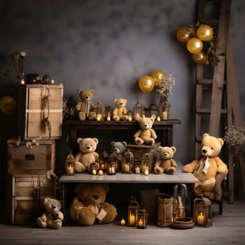 Banner: Vintage interior with teddy bears and candles. 3d render