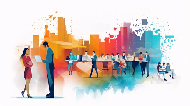 Banner: Business people meeting in the city. Businessmen and businesswomen at work. Vector illustration.