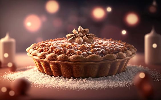 Banner: Tart with cinnamon and anise on the background of Christmas lights
