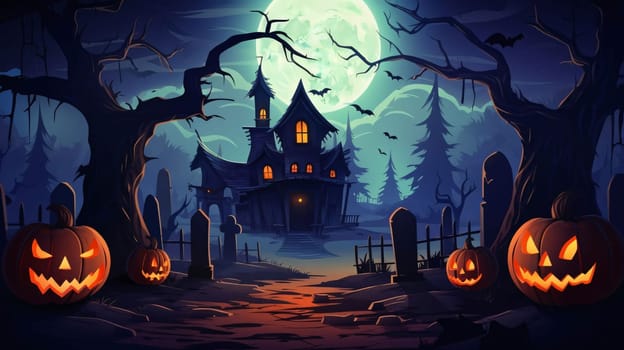 Banner: Halloween background with haunted house and pumpkins. Vector illustration.