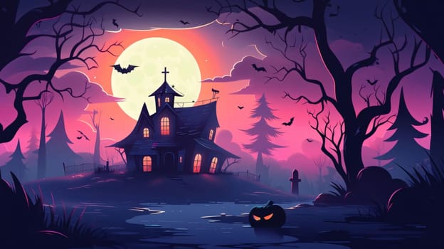 Banner: Halloween background with spooky house and moon. Vector illustration.