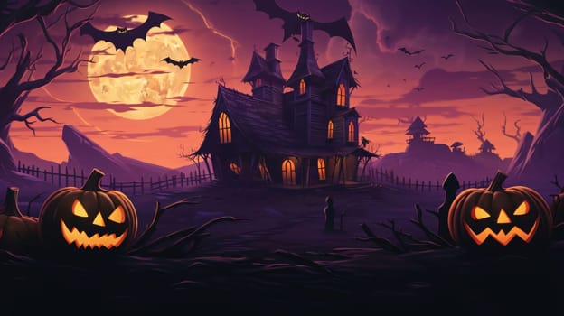 Banner: Halloween background with haunted house, pumpkins and bats. Vector illustration.