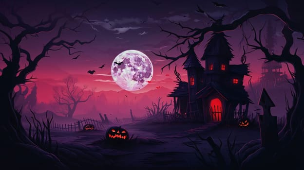Banner: Halloween background with haunted house and full moon. Vector illustration.