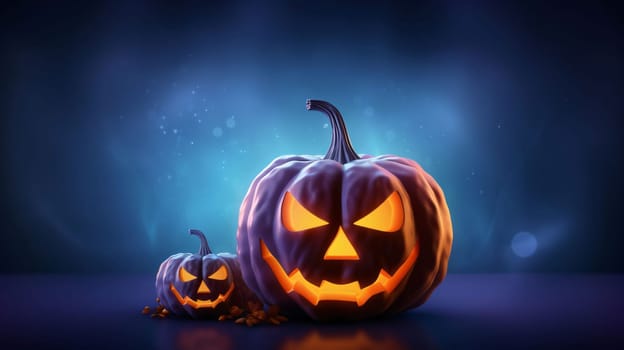 Banner: Halloween pumpkins with glowing lights, 3d rendering. Computer digital drawing.
