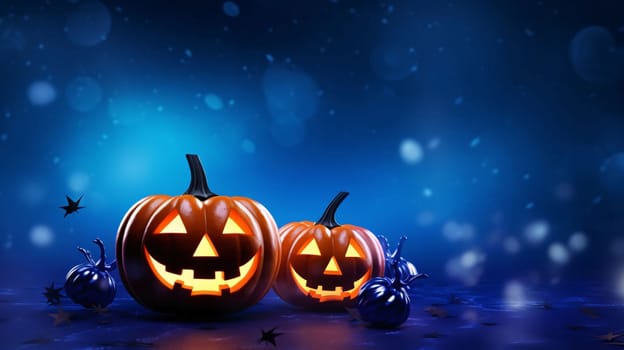 Banner: Halloween pumpkins on dark blue background. 3D illustration.