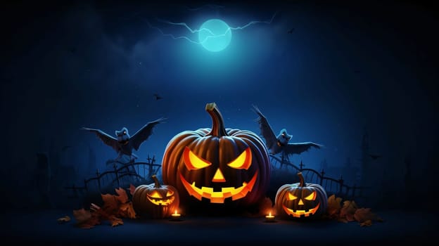 Banner: Halloween background with pumpkins and bats, 3d render illustration