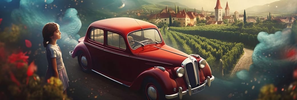 Banner: Beautiful young woman with retro car in a vineyard. 3D rendering