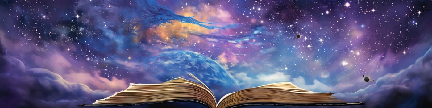 Banner: Open book in the night sky with stars and moon. Fantasy illustration.