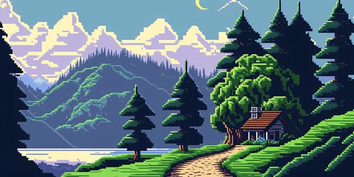 Banner: Retro video game scene with pixelated house in the middle of the forest