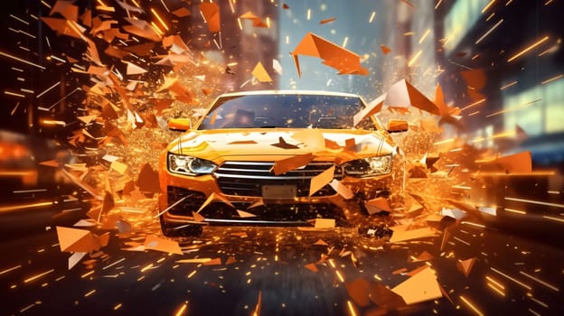 Banner: Conceptual image of a car crash in a city. 3d rendering
