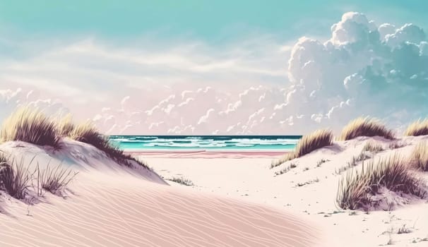 Banner: Seascape with sand dunes and sea in the background. Hand drawn illustration.