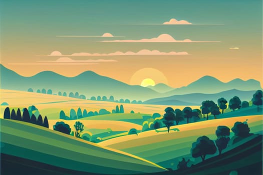 Banner: Sunset over the hills in Tuscany, Italy. Vector illustration