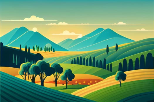 Banner: Tuscany landscape with hills, fields and trees. Vector illustration