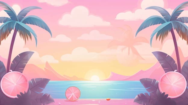 Banner: Summer beach with palm trees, sun and sea. Vector illustration.