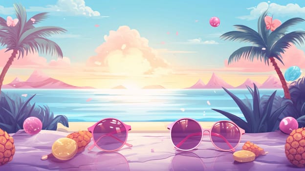 Banner: Summer beach with palm trees, sun glasses and seashells. Vector illustration