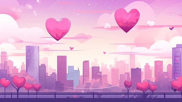 Banner: Valentines day background with hearts and cityscape. Vector illustration