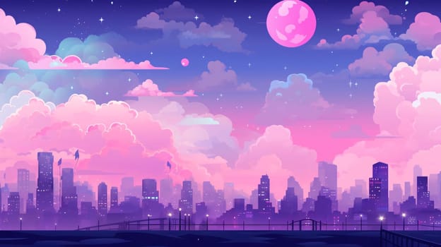 Banner: Cityscape with skyscrapers at night. Colorful vector illustration.