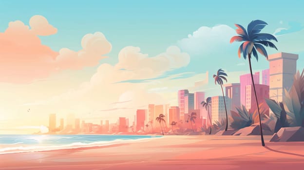 Banner: Beach with palm trees and skyscrapers at sunset. Vector illustration.