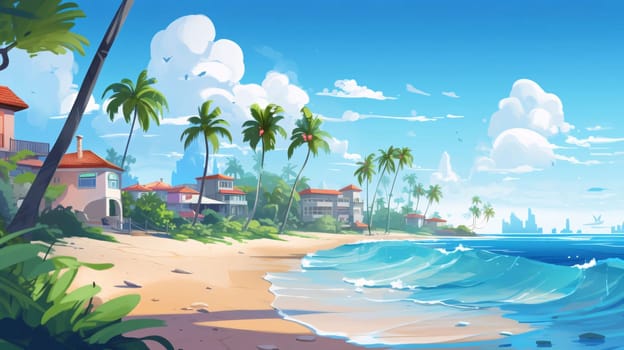 Banner: Tropical beach with palm trees and blue sea. Vector illustration