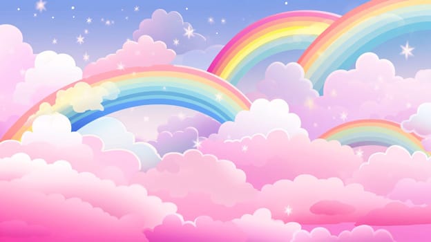 Banner: Rainbow sky background with clouds and rainbow. Vector paper illustration.