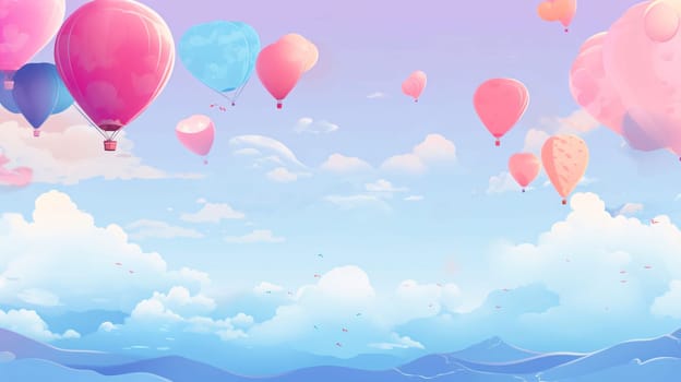 Banner: Hot air balloons flying in the blue sky. 3D illustration.
