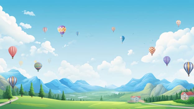 Banner: Landscape with hot air balloons flying in the sky. Vector illustration.