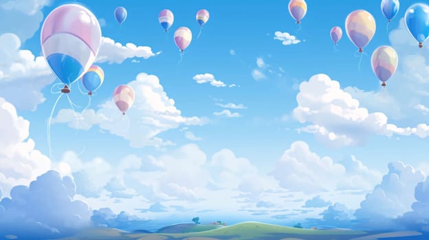 Banner: Colorful hot air balloons flying in the blue sky. Vector illustration.