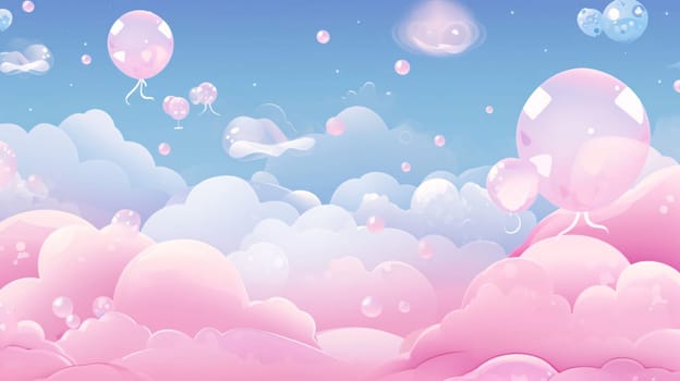 Banner: Illustration of a pink background with balloons and clouds in the sky