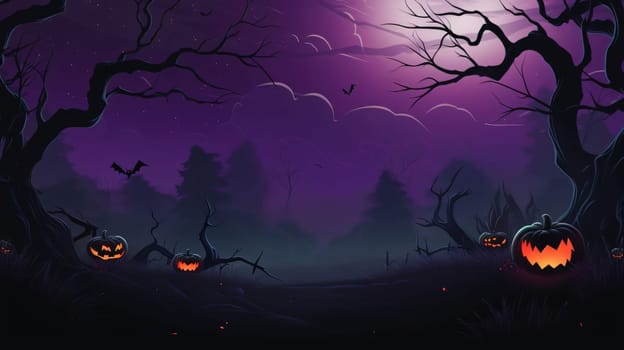 Banner: Halloween background with pumpkins and dark forest. Vector illustration.