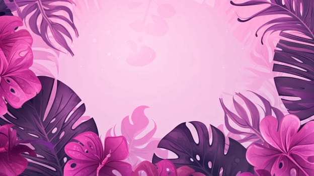 Banner: Tropical background with palm leaves and flowers. Vector illustration.